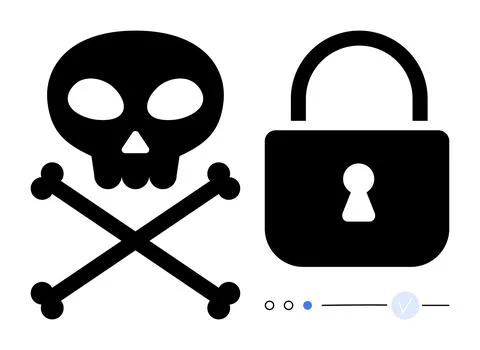 Skull and crossbones next to padlock. Ideal for cybersecurity, data protectio Illustrazione stock