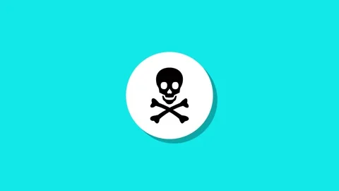 Skull and crossbones warning icon animation on blue background with shadow .. Stock Footage 327762901