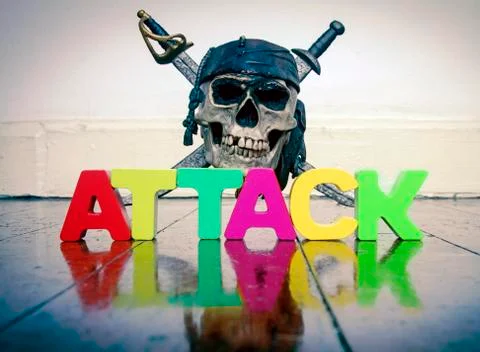 Skull and crossbones with the word  ATTACK on a old wooden floor Stock Photos