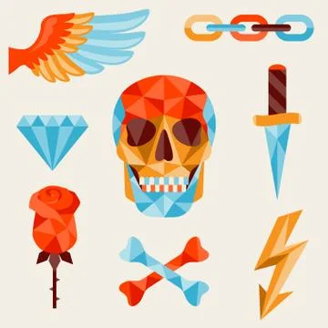 Skull and elements with colored geometric design Stock Illustration