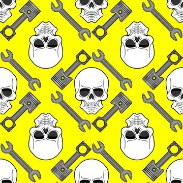Skull and Engine piston pattern seamless. motorcycle pistons background. Car  스톡 일러스트