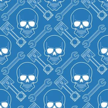 Skull and Engine piston pattern seamless. motorcycle pistons background. Car  Illustrazione stock