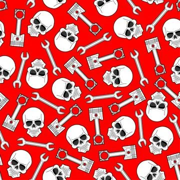 Skull and Engine piston pattern seamless. motorcycle pistons background. Car  Illustrazione stock