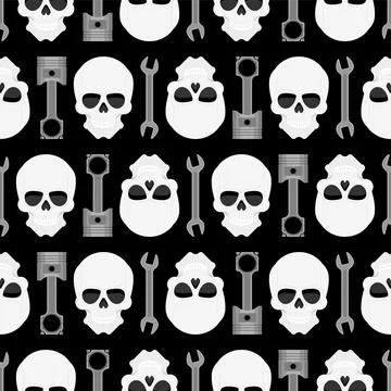 Skull and Engine piston pattern seamless. motorcycle pistons background. Car  Illustrazione stock