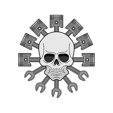 Skull and Engine piston sign. motorcycle pistons icon. Car workshop symbol Stock Illustration