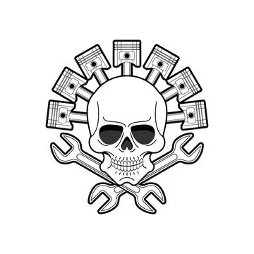 Skull and Engine piston sign. motorcycle pistons icon. Car workshop symbol Stock Illustration