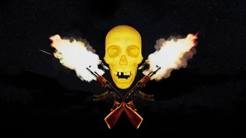 The skull and fire attacks. Skull in the light of machine gun fire. Stock Footage 305228256