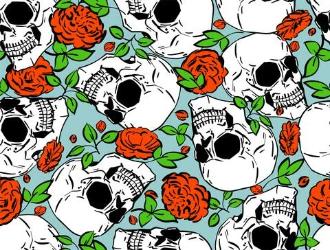 Skull and flower pattern seamless. Hand drawing Skeleton and roses background Stock Illustration