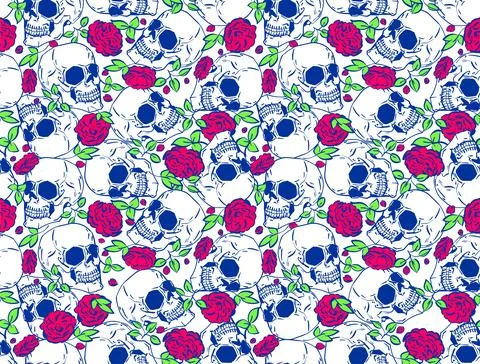 Skull and flower pattern seamless. Hand drawing Skeleton and roses background Illustrazione stock