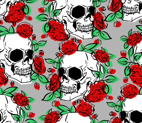 Skull and flower pattern seamless. Hand drawing Skeleton and roses background Stock Illustration