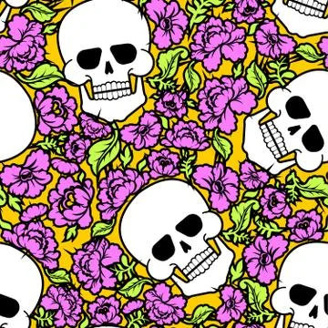 Skull and flowers pattern seamless. Skeleton head and roses background. Death Stock Illustration