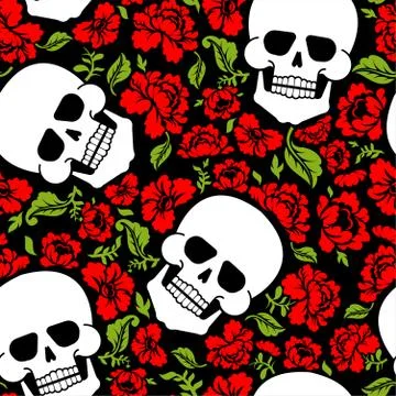 Skull and flowers pattern seamless. Skeleton head and roses background. Death Stock Illustration