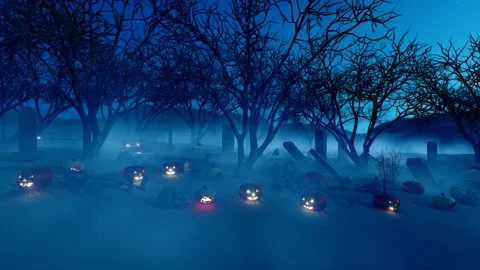 Skull and jack-o-lantern skeletons all over the forest on Halloween horror n Stock Footage 252735699