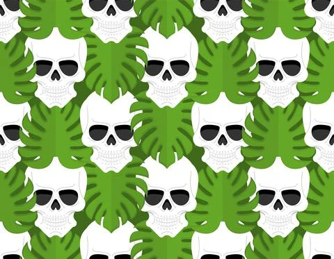 Skull and monstera pattern seamless. skeleton head and tropical leaves backgr Stock Illustration
