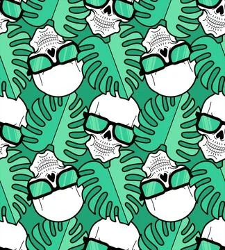 Skull and monstera pattern seamless. skeleton head and tropical leaves backgr Illustrazione stock