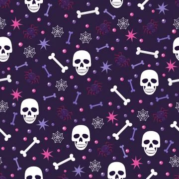 Skull and spider seamless pattern on blue background. halloween skull pattern Stock Illustration