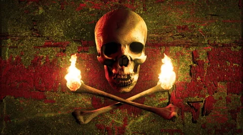 Skull and torches made of bones on a grunge background. Pirate flag. Loop. Stock Footage 44560181