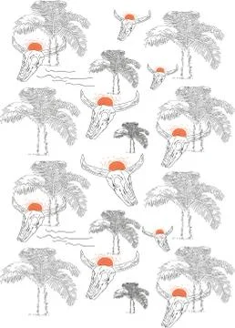 Skull and tree background. Retro road trip pattern, vintage design,travel. Stock Illustration