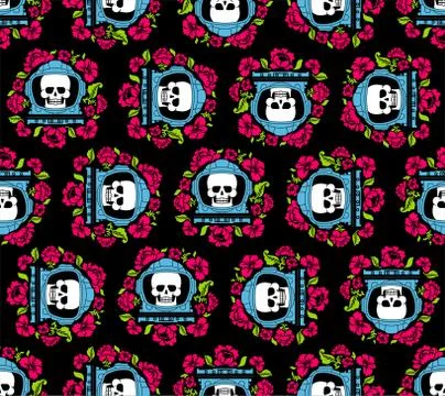 Skull in Astronaut helmet pattern seamless. Death in spacesuit And roses. Ske Stock Illustration