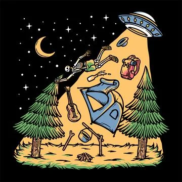 Skull attacked by ufo while camping illustration Stock Illustration
