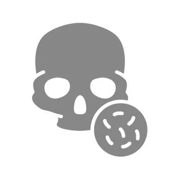 Skull with bacteria grey icon. Bones of the head, cranial bacterial infection Stock Illustration
