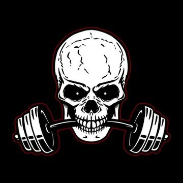 Skull with barbell in teeth. Design element for gym logo, label, emblem, sign Stock Illustration