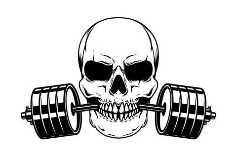 Skull with barbell in teeth. Vector illustration Stock Illustration