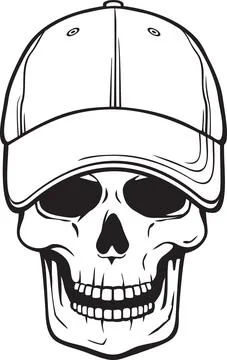 Skull with baseball cap black and white Stock Illustration
