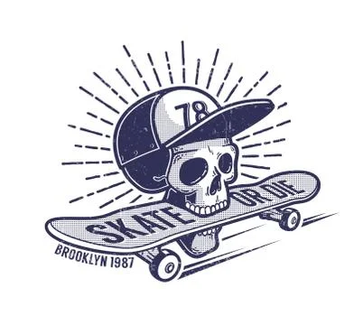 Skull in baseball cap keeps skateboard in his mouth Stock Illustration