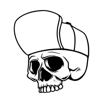 Skull in baseball hat isolated on white background. Design element for logo,  Stock Illustration