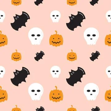 Skull, Bat and Pumpkin shape texture on pastel color background. Seamless p.. Stock-Illustration