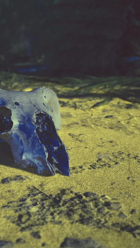 Skull on the beach at low tide during daytime near waterline Stock Footage 331748824