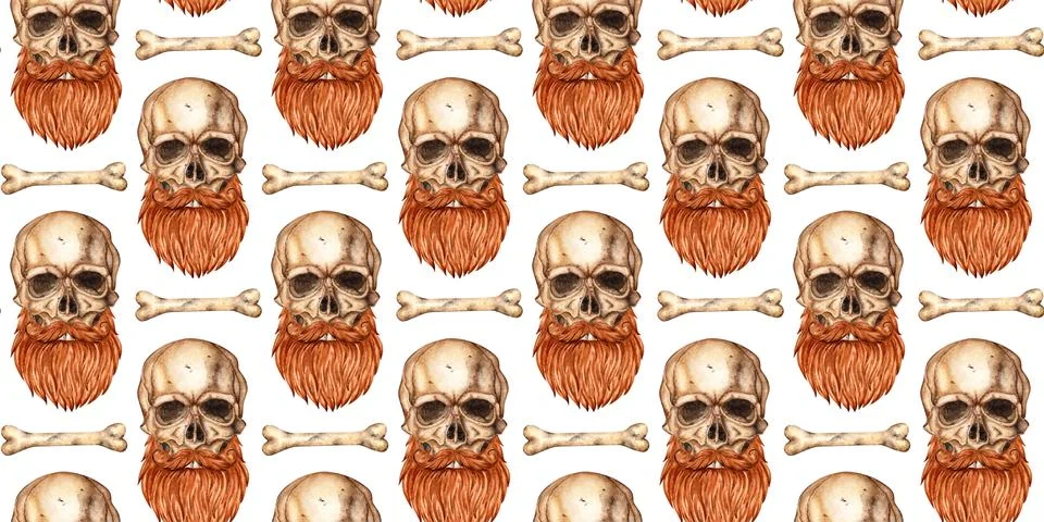 Skull with beard and bone pattern watercolor Illustrazione stock