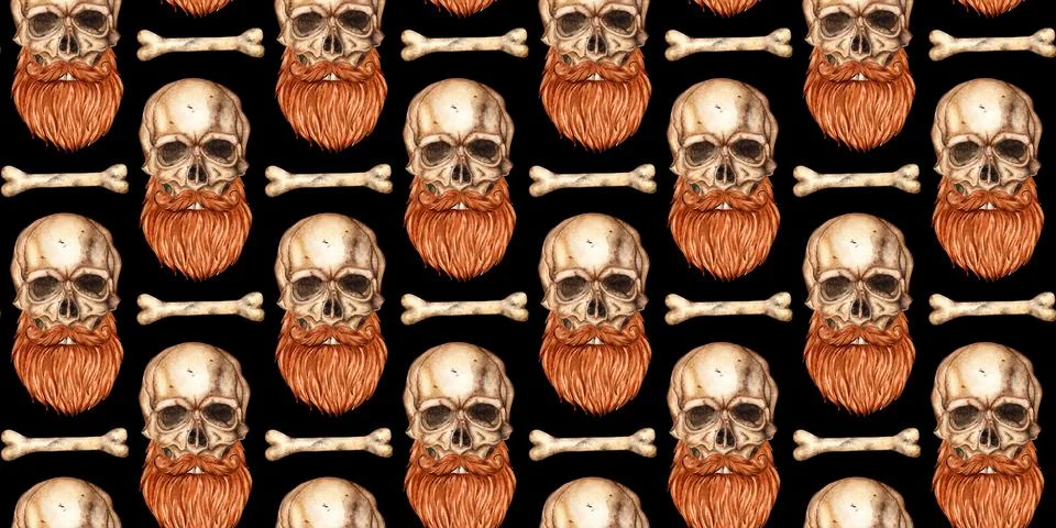 Skull with beard and bone pattern on black background watercolor Stock Illustration
