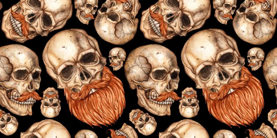 Skull beard and mustache pattern on black background watercolor Stock Illustration