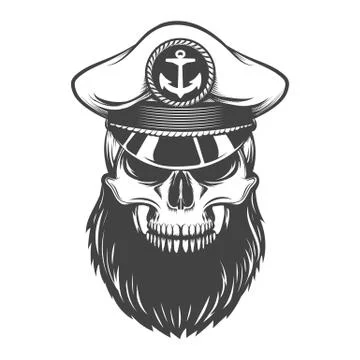 Skull with Beard in Captain Hat Stock Illustration