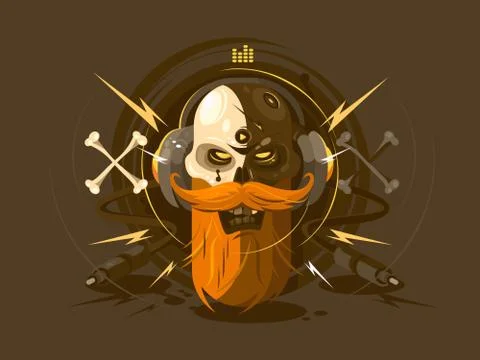 Skull with beard on headphone Stock Illustration