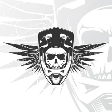 Skull biker with full face helmet. Moto sports emblem. MTB, BMX, Motocross Stock Illustration