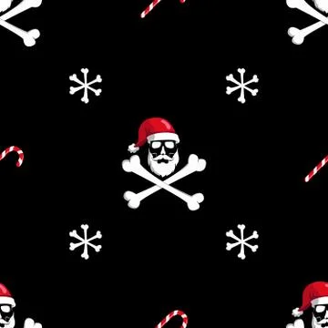 Skull with bones with a beard and hat of Santa Claus on a black background. Vect Stock Illustration