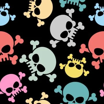 Skull with bones seamless pattern. Colored skull skeleton. Halloween Vector b Stock Illustration