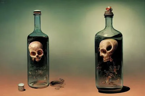 Skull in a bottle. A concept on the topic of alcoholism. And the harms of Stock Illustration