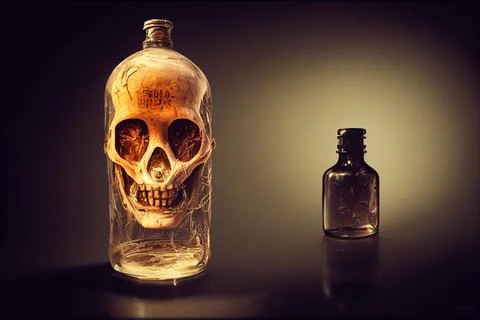 Skull in a bottle. A concept on the topic of alcoholism. And the harms of Stock Illustration