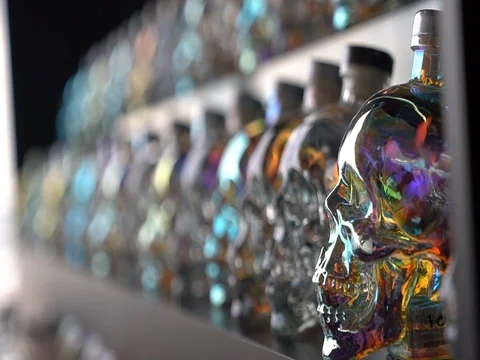 Skull Bottles Aligned on Bar Vídeos de archivo 92613617