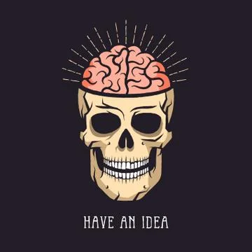 Skull with brain and rays on dark background Stock Illustration