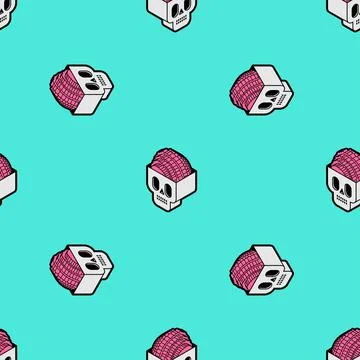 Skull with brain pattern seamless isometric style icon. Cranium with brains b Stock Illustration