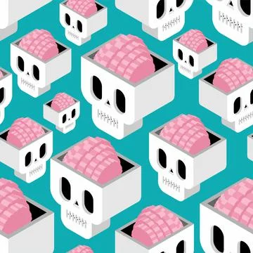 Skull with brain pattern seamless isometric style icon. Cranium with brains b Stock Illustration