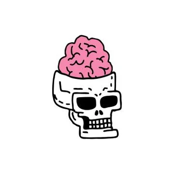 Skull with brains drawning. head of skeleton with convolutions of cartoon sty Stock Illustration