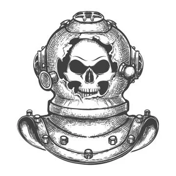 Skull in Broken Diving Helmet Stock Illustration