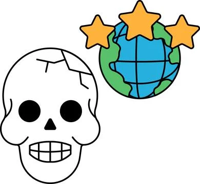 A skull with a broken face is drawn next to a globe with three stars イラスト素材