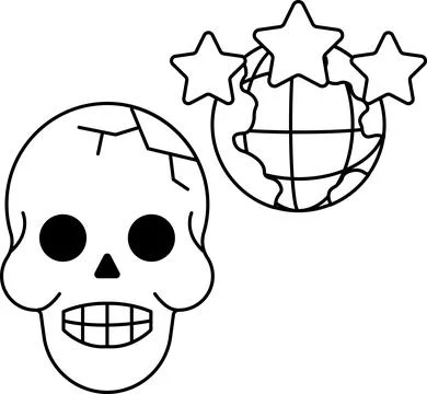 A skull with a broken face is drawn next to a globe with three stars イラスト素材